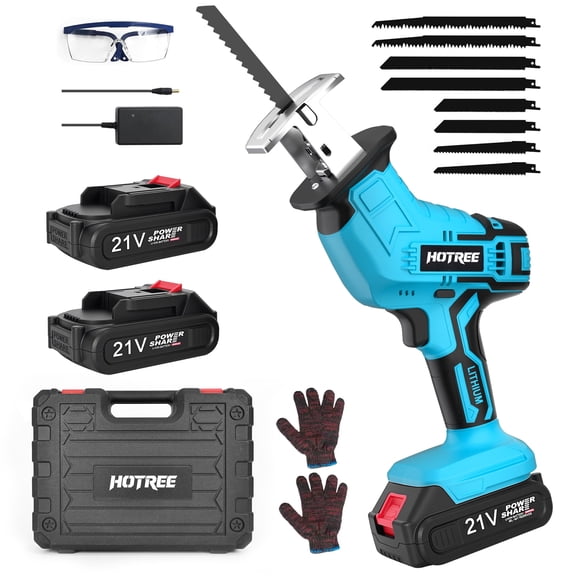 HOTREE Cordless Reciprocating Saw with LED Light, Variable Speed, 2 x 2.0Ah Batteries, Blades Kit for Wood, Metal, PVC Cutting