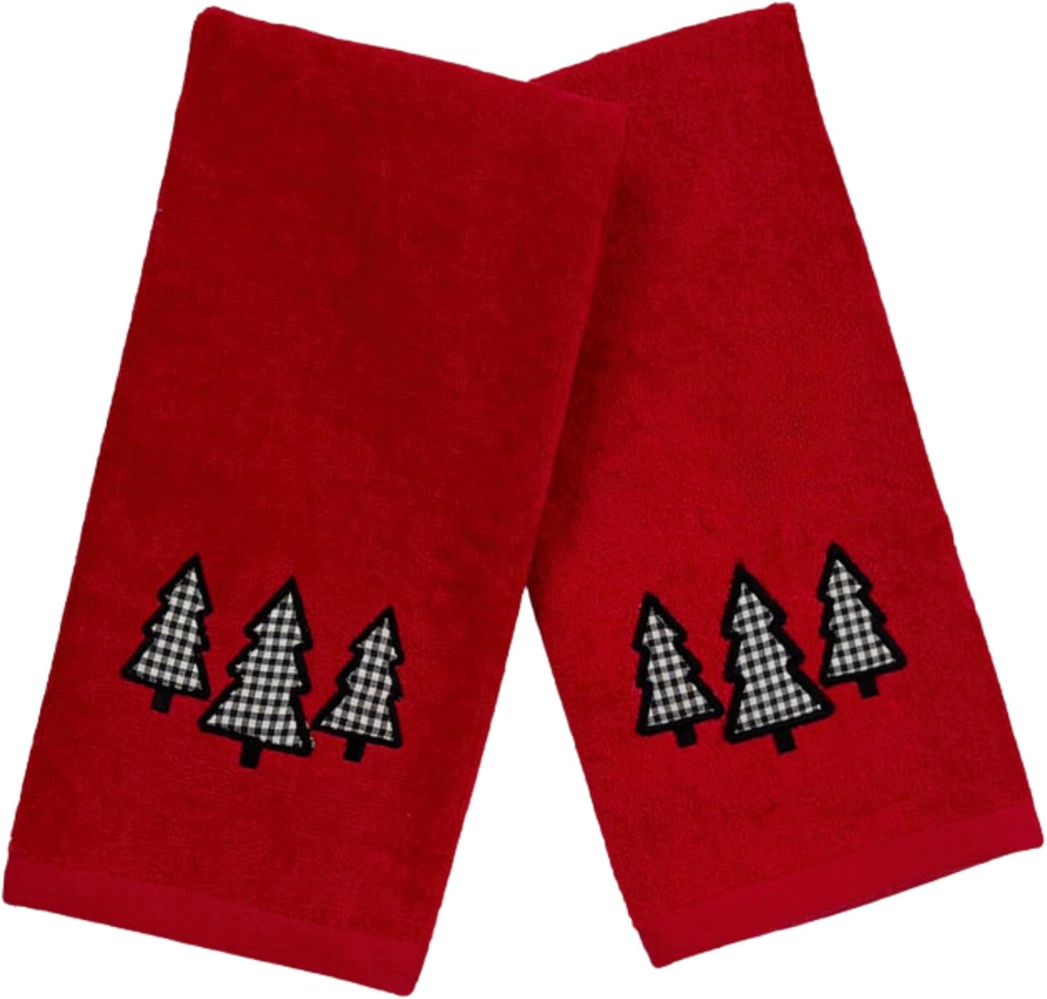 Holiday Winter Christmas Bathroom Guest Hand Fingertip Embroidered Applique Towels 4 Pc Set: Checkered Trees 16 x 25 inches, Gingham Tree Design,12 x 18 inches, Black White on Red, 100% Cotton