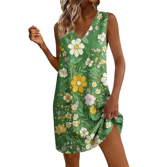 Levmjia Women's Summer Sleeveless V Neck Floral Print Mini Dress Casual Pocket Loose Fit A Line Swing Dress Beach Vacation Daily Wear