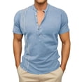 thumbnail image 6 of KHONTS Men's Short Sleeve Henley Collar Shirts Button up V Neck T Shirts Casual Stand Collar Holiday Beach Tops Light Blue S, 6 of 8