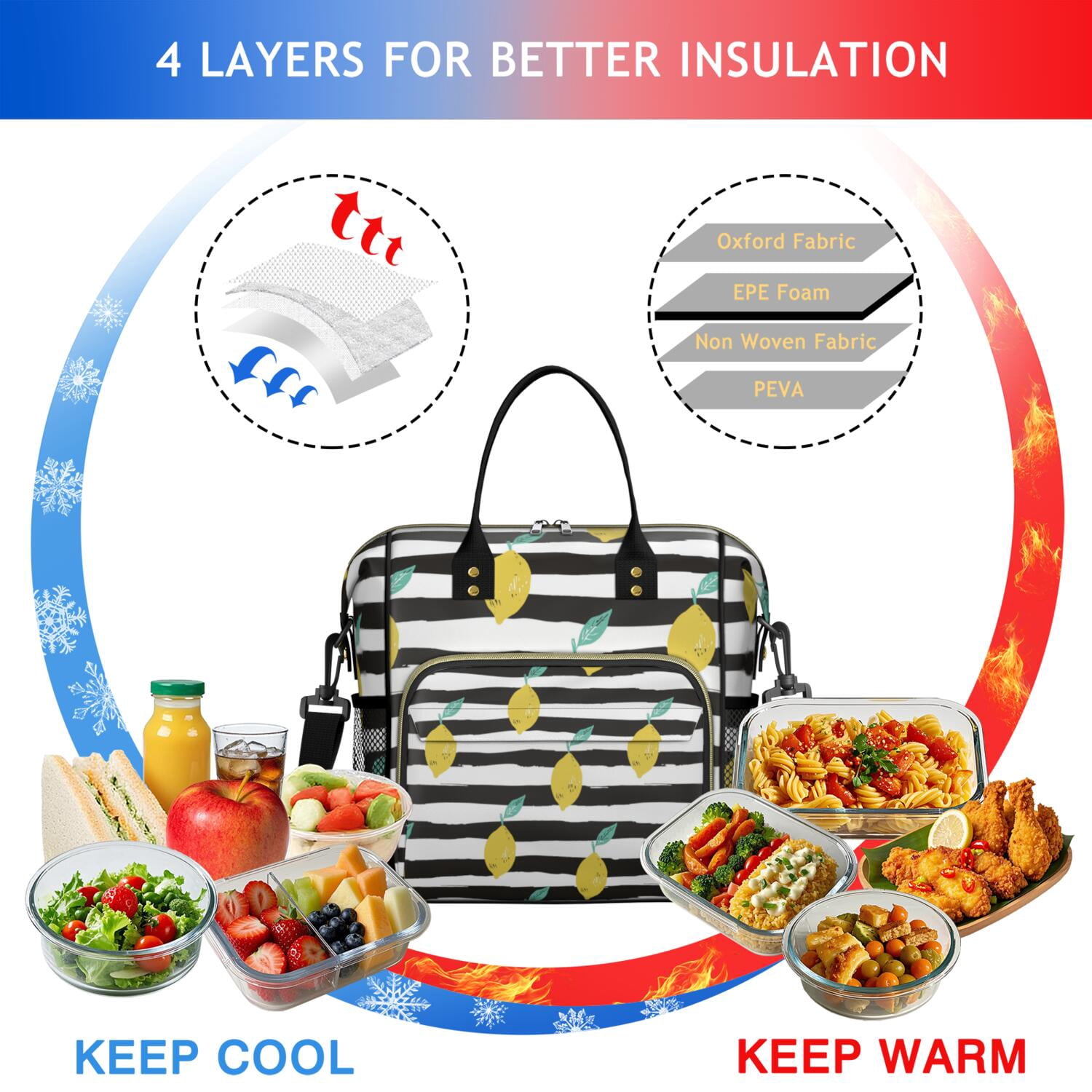 Cute Lemon Pattern Insulated Lunch Bag - Leakproof & Waterproof Food Storage Tote with Shoulder Strap for Work, School, Travel