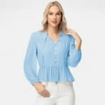 thumbnail image 3 of Women's Long Sleeve Button Front Peplum Blouse with V-Neckline and Gathered Waist Detail - Small, Blue, 3 of 7