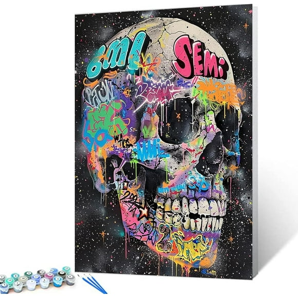 shiyou-Graffiti Skull Paint by Number Various Colorful Skeleton Tags Paint by Numbers for Adult Beginners DIY Acrylic Oil Painting Ideal Gift Choice 16x20 Inches(Without Frame )