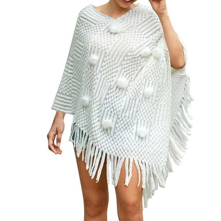 Bkolouuoe Womens Mid Length FurBall Fringe Shawl Sweater Fashion