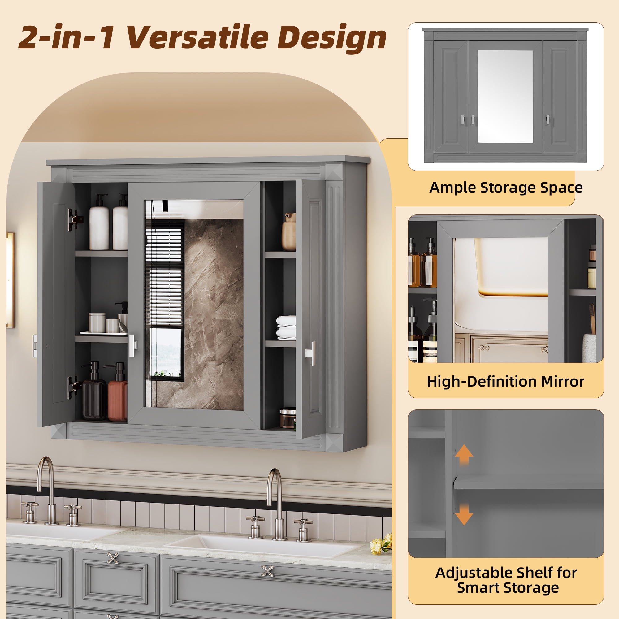 Euroco Bathroom Wall Cabinet with Mirror, Wall Mounted Medicine Cabinet with 4 Shelves, Mirrored Door Over Toilet Storage Cabinet