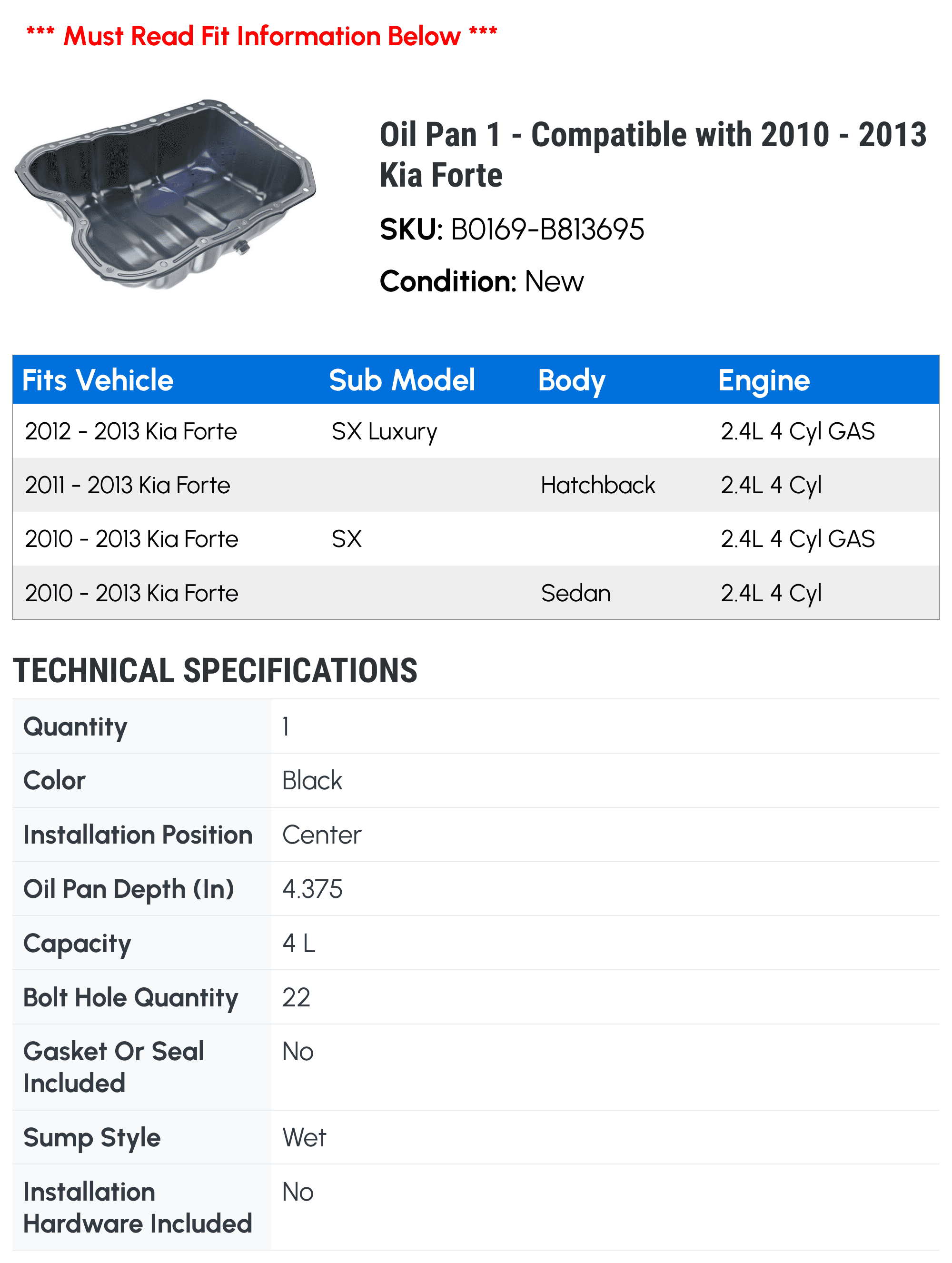 Oil Pan 1 - Compatible with 2010 - 2013 Kia Forte - Autopart Premium