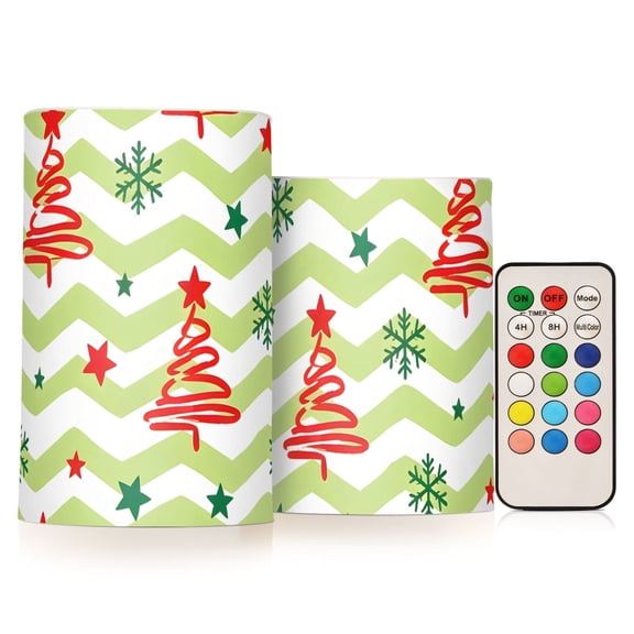 Striped Red Christmas Tree Flameless Candles Flickering with Remote and Timer Battery Operated LED Pillar Candle Set of 2