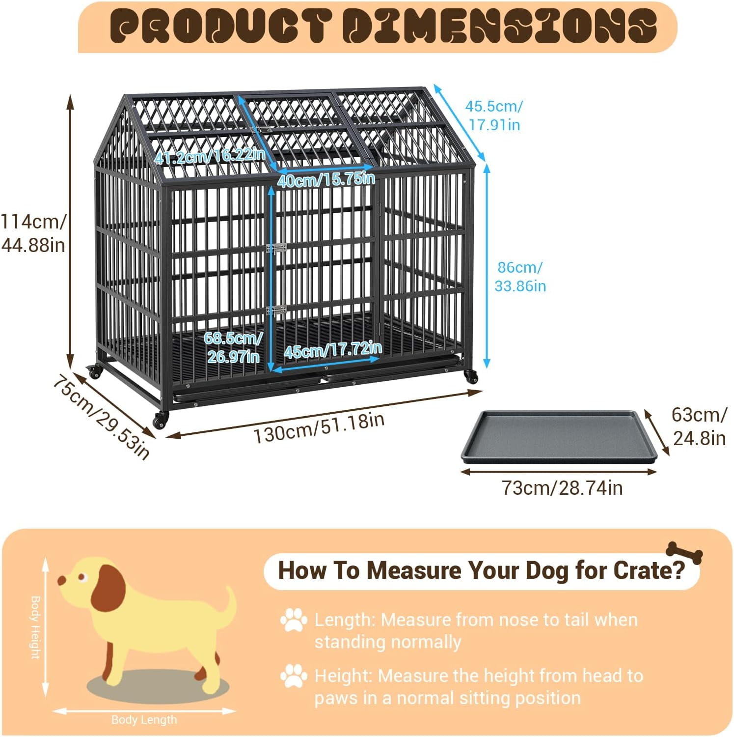 Acekid Heavy Duty Dog Crate - 52-Inch Escape-Proof Metal Kennel, Indoor/Outdoor Furniture Style Pointed Top Sliding Rail Cage for Large/Medium Dogs