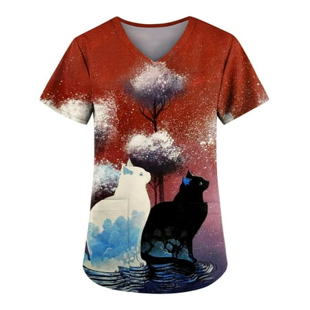 

Women Scrub_Top Working Uniform Blouse Short Sleeve V-Neck Workwear T-Shirt with Pocket Comfy Tops S