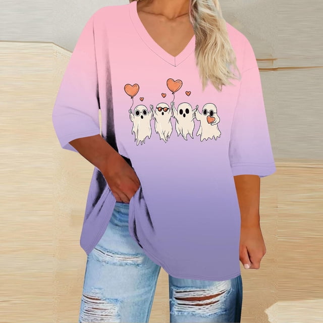 Heisall Womens T-shirts Halloween Print V-Neck 3/4 Sleeve Loose Plus Size Casual Fashion Daily Wear Tops