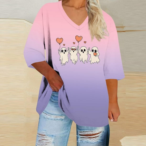 Heisall Womens T-shirts Halloween Print V-Neck 3/4 Sleeve Loose Plus Size Casual Fashion Daily Wear Tops