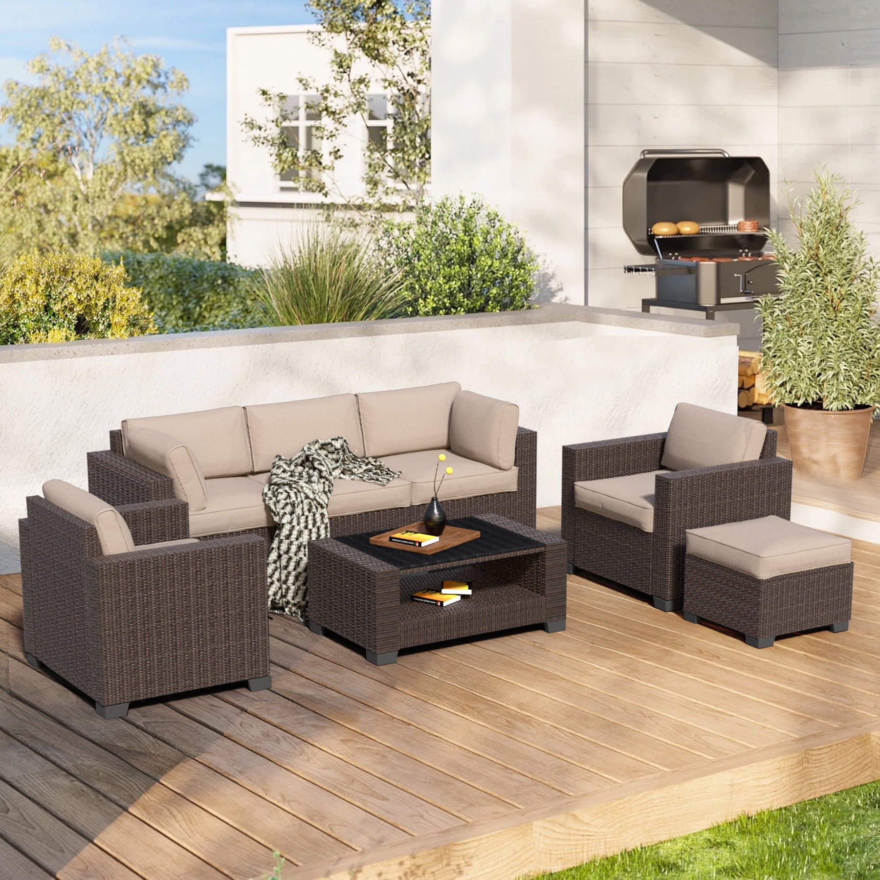 7-Piece Outdoor Sectional Patio Furniture Set, All-Weather Wicker Rattan Sofa with Thick Washable Cushions & Tempered Glass Table, Perfect for Garden, Poolside, Backyard (Beige)