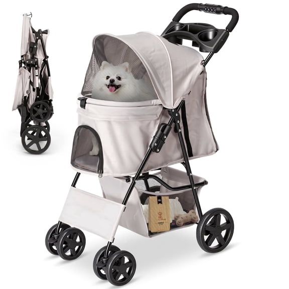 Naipo Pet Dog Stroller for Small Dogs and Cats,One-Click Folding 4-Wheel Pet Stroller with Storage Basket/Cup Holder,for Travel/Jogging, Gray