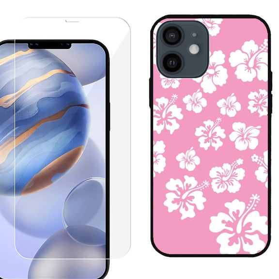 Slim-Fit Protective Phone Case (Black) compatible with iPhone 12 / iPhone 12 Pro, with Tempered Glass Screen Protector, by OneToughShield ® - Hibiscus Pink