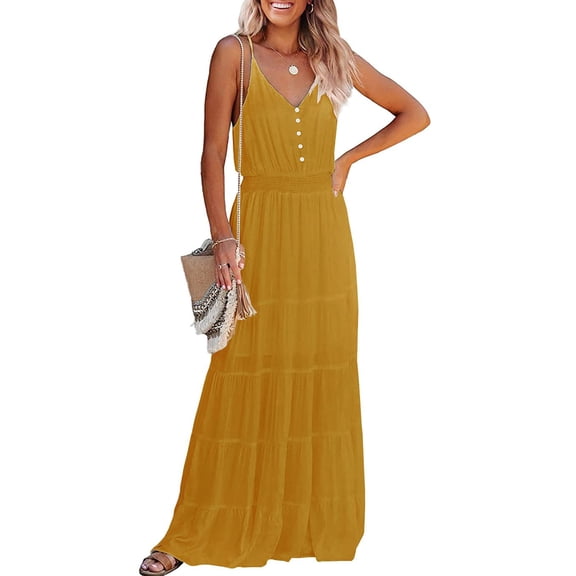 Vestido Maxi PRETTYGARDEN Sin Mangas con Escote en V Amarillo Talla M