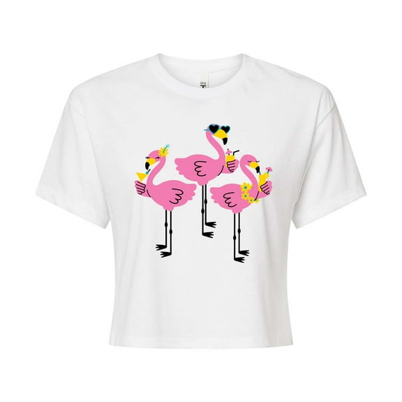 Instant Message - Three Flamingos Drinking - Juniors Cropped Graphic T-Shirt