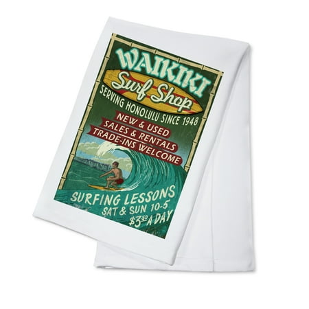 Waikiki Beach, Hawaii, Surf Shop Vintage Sign (100% Cotton Tea Towel, Decorative Hand Towel, Kitchen and Home)