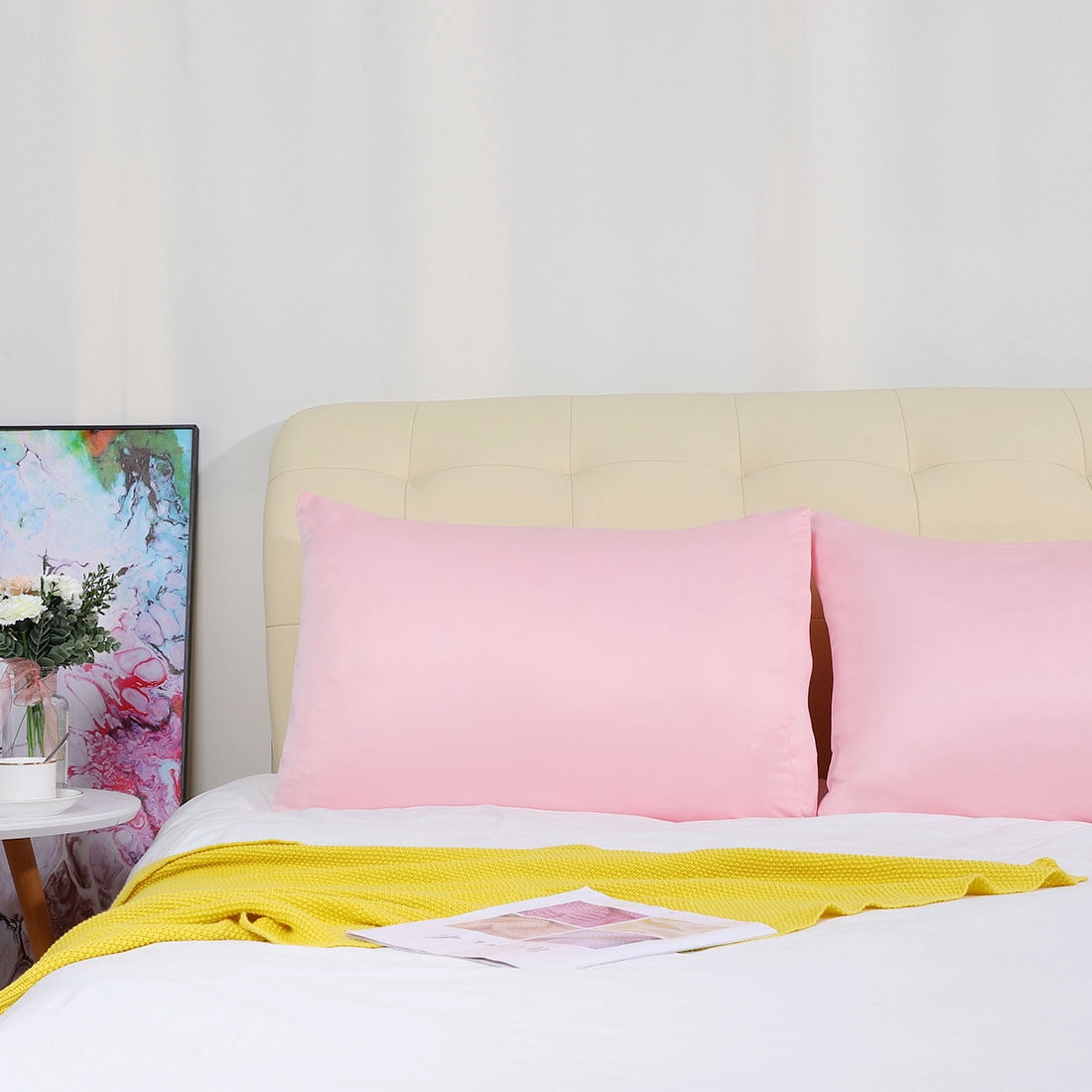 Unique Bargains Silky Satin Pillow Cases Covers Set of 2 Pink Queen