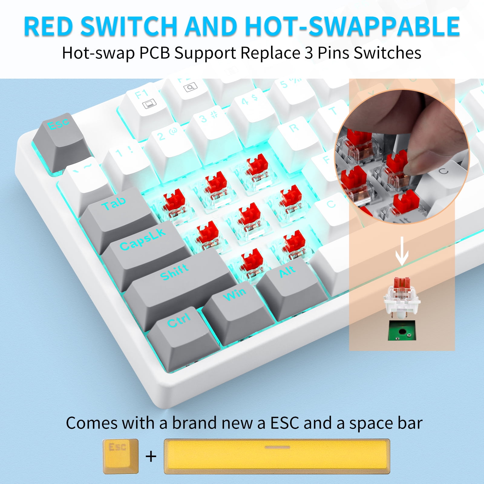 80% Mechanical Gaming Keyboard with Red Switch, E-YOOSO LED Blue Backlit Keyboard, 87 Keys Compact TKL Wired Computer Keyboard for Windows Laptop PC Gamer - White/Grey
