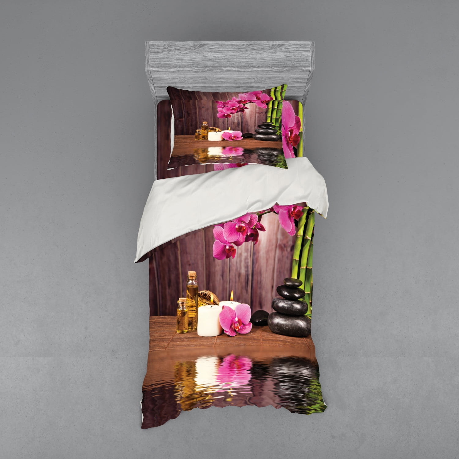 Spa Duvet Cover Set, Spa Flower and Water Reflection Aromatherapy