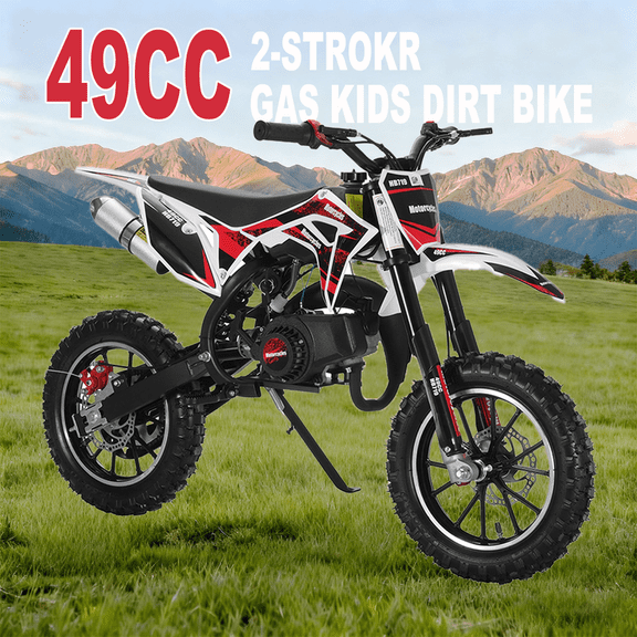 Upgraded 49cc Kids Dirt Bike 2-Stroke - Mini Motorcycle, Gas Dirt Bikes with Front Rear Disc Brakes Speeds up to 25 MPH, Off-Road Tires, Shock Absorption, Dirtbikes for Kids