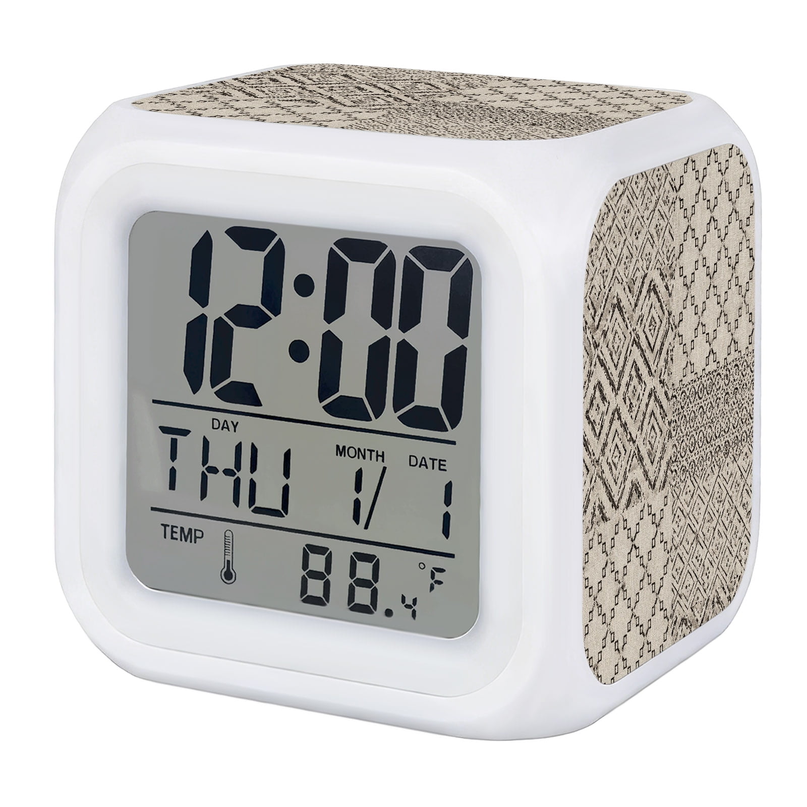 Black Rustic Lattice Digital Alarm Clock for Bedrooms, Smart LED Alarm Clock with 7 Color Changing Night Light, Vintage Art Aesthetics Silent Wake Up Clocks for Sleep Study Cooking 3.2x3.2