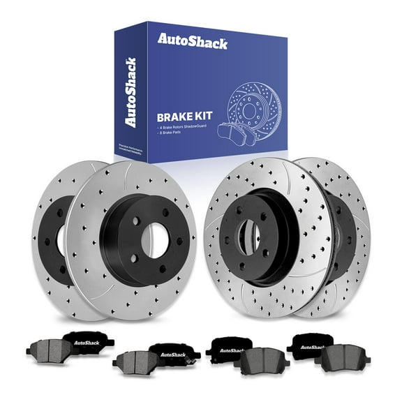 AutoShack Front & Rear Drilled & Slotted Brake Rotors Ceramic Brake Pads | Replacement for Pontiac G6 G5 Saturn Aura Chevrolet Cobalt 2004-2012 Malibu | E-Coated | 12-PC Brake Kit | ShadowGuard