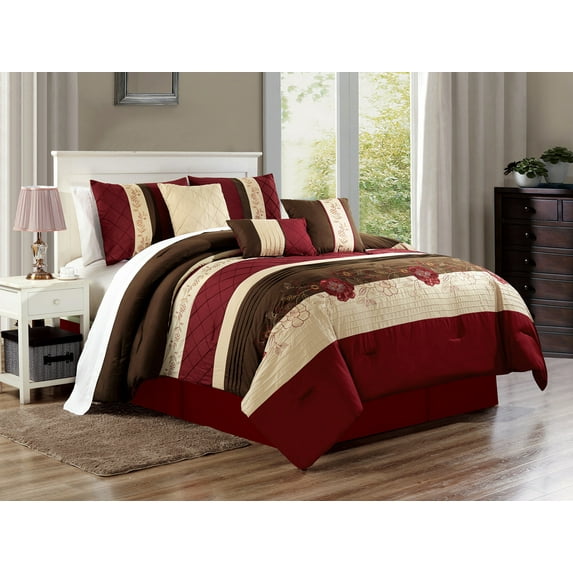 11-Pc Florian Flower Blossom Applique Embroidery Pleated Stripe Comforter Curtain Set Burgundy Brown Beige Queen