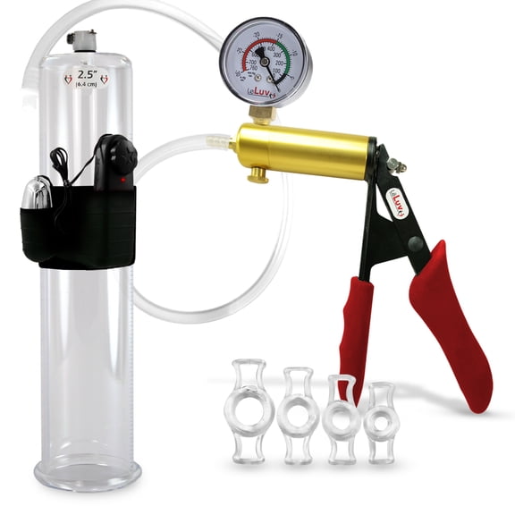 LeLuv Ultima Penis Pump, Brass w/ Red Handle, Silicone Grip, Clear Hose Gauge | 4 Cock Rings | 12" x 2.50" Vibrating Cylinder
