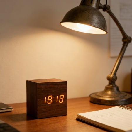 Wooden Alarm Clock,Mini Cube LED Digital Clock with Time Date Temperature Display, 3 Levels