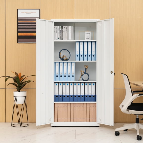 AENKYO 68.9" Heavy Duty Metal Storage Cabinet with Adjustable Shelves & Lock, Steel Locker for Home and Office, White