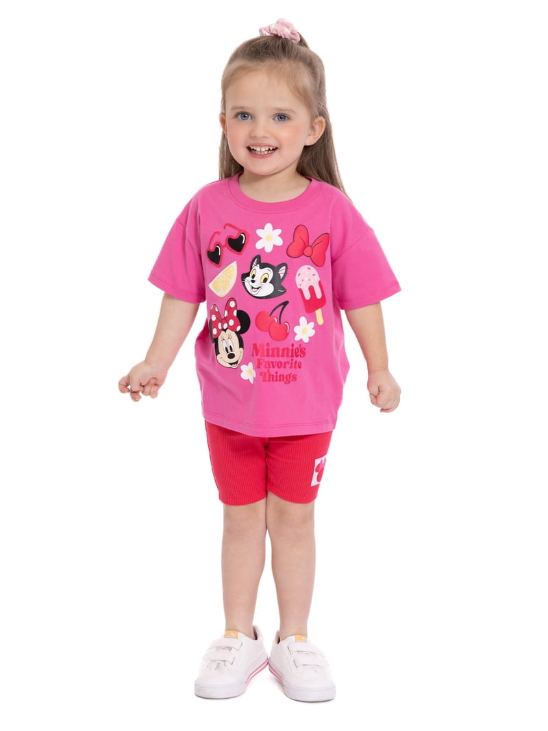 Minne girl （2023） Minnie Mouse Toddler Girls Graphic Tee and Bike Shorts Set, 2