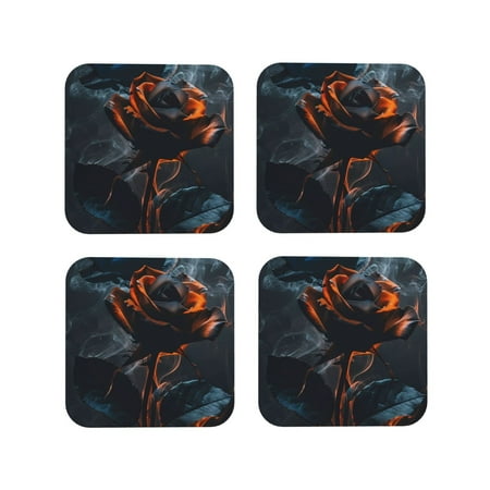 

Yiaed Blue and Red Roses Artwork Print Leather Coasters for Drinks - Cup Coasters Coffee Table Kitchen Table Bar Home & Office Gifts Handmade Drink Coasters-Square