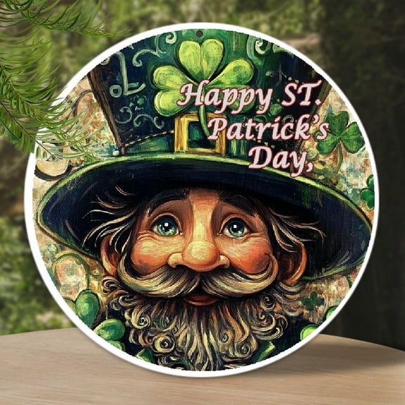 1pc Vintage St. Patrick'S Day Aluminum Sign - Round Metal Tin Wall Hanging Decor with Four- Leaf Clovers and Leprechaun Hat, Pre- Drilled for Easy Mounting, Multipurpose Indoor/ Outdoor Decoration