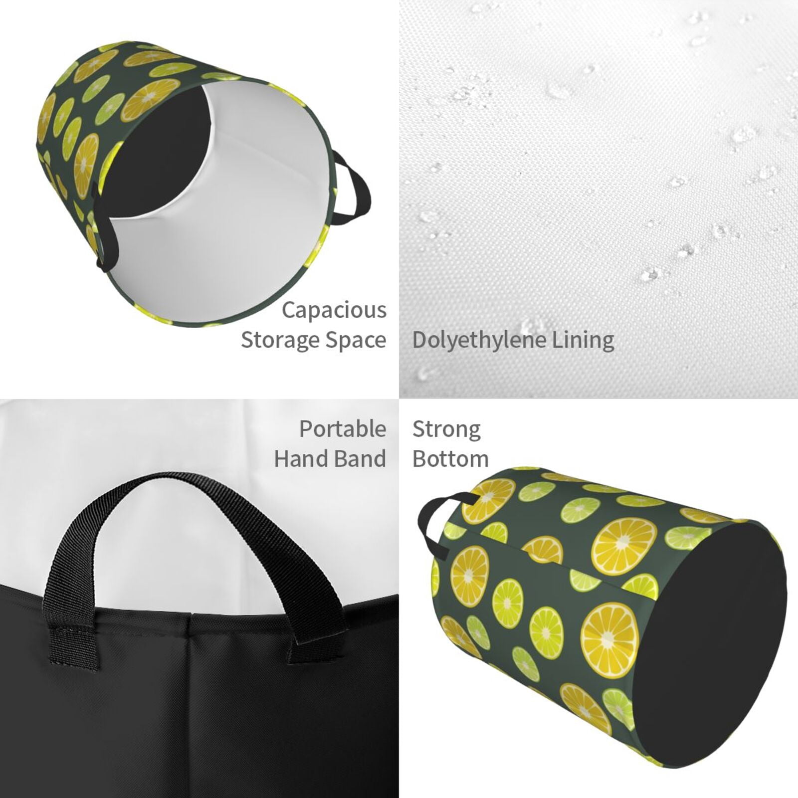 Large Laundry Basket with Handles - Green Yellow Lemon Kids Baby Dirty Clothes Laundry Hamper for Bedroom Aesthetic