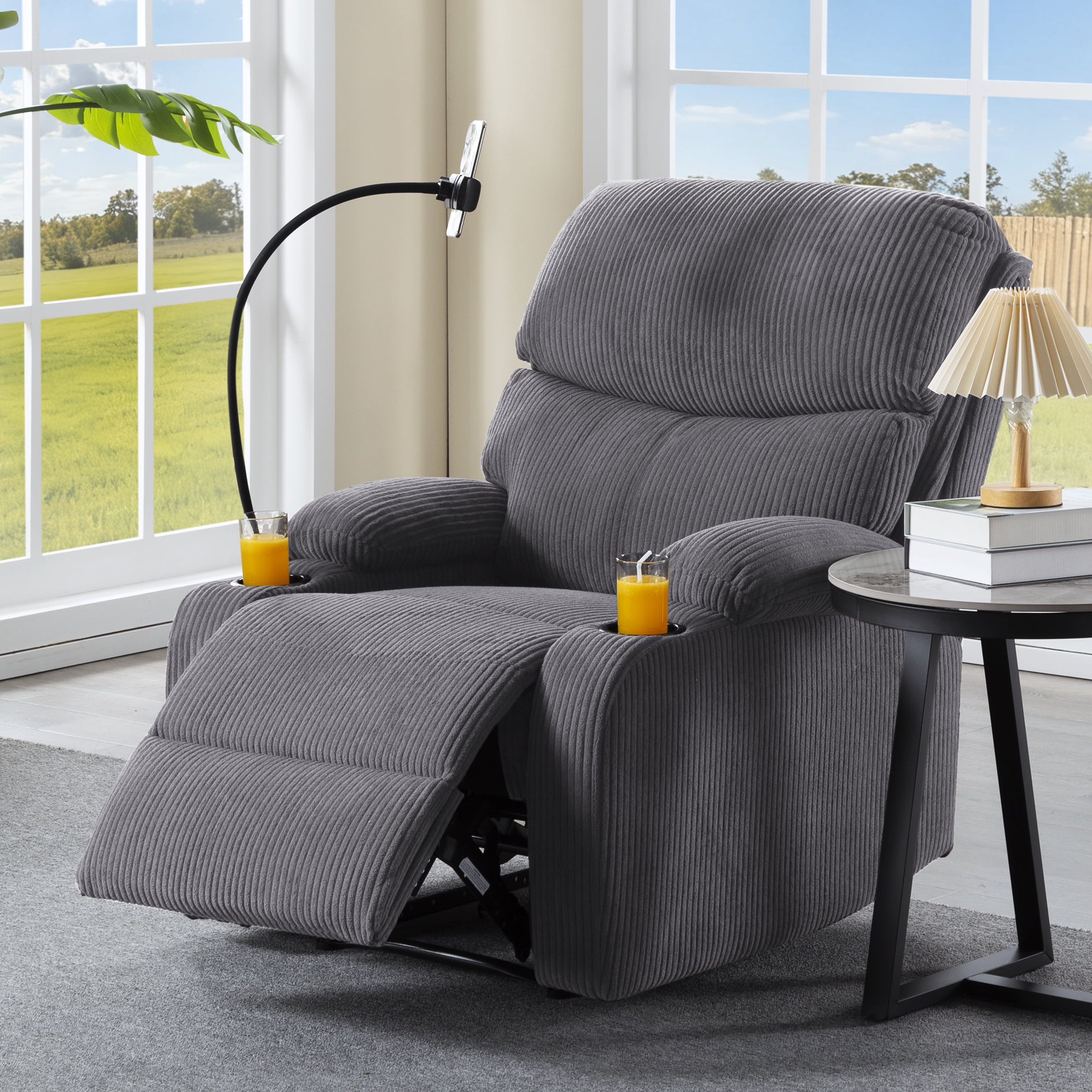 Gewnee Manual Reclining Chair,Corduroy Modern Overstuffed Recliner with Cup Holders & Phone Holder,Single Sofa for Living Room and Bedroom.Light Grey