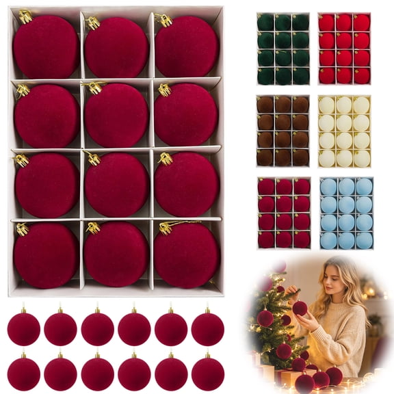 Qwtwty 12 Pcs Shatterproof Velvet Christmas Ornaments Set, Christmas Tree Decoration Ornaments Hanging Ball for Xmas Holiday Indoor Outdoor Party Decor