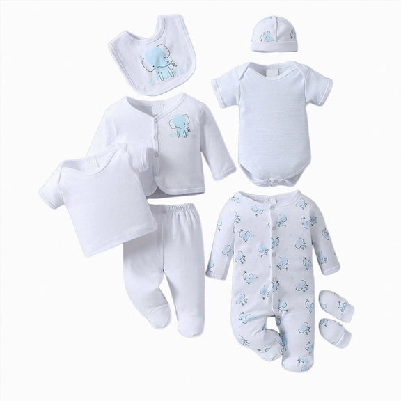 CAUYDY Preemie Girls Outfits Baby Boys Layette Set 8Pcs Fall Winter Cotton Sleepwear Newborn Clothing Picture Outfit for Unisex Infant Sizes 0-3 Months,Light Blue