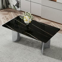 TesNus 71" Modern Marble Dining Table, Black Faux Marble Rectangle Table with Chrome Plated Metal Legs for Dining Room and Kitchen