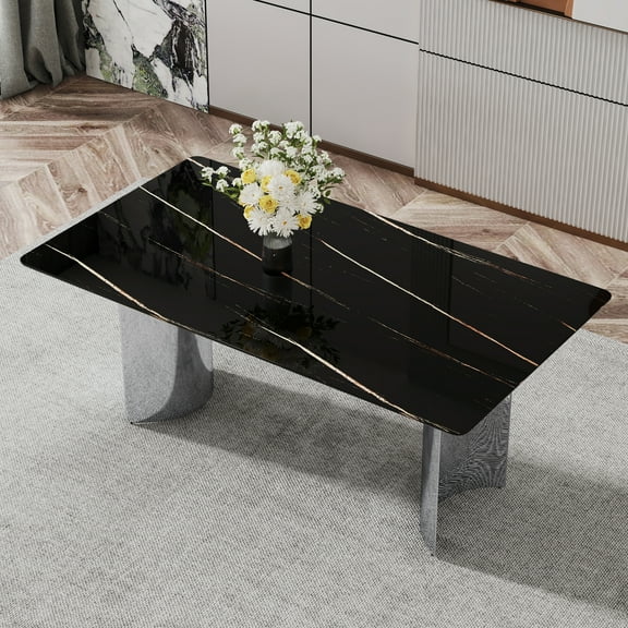 TesNus 71" Modern Marble Dining Table, Black Faux Marble Rectangle Table with Chrome Plated Metal Legs for Dining Room and Kitchen