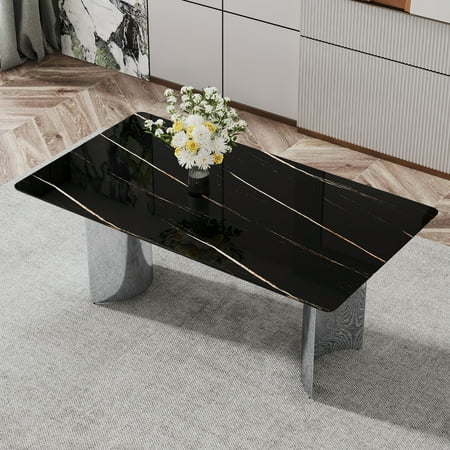 Modern Minimalist Dining Table, Black Imitation Marble Glass Top, Silver Metal Legs for Kitchen, Dining Room, Restaurant, Living Room, 71"