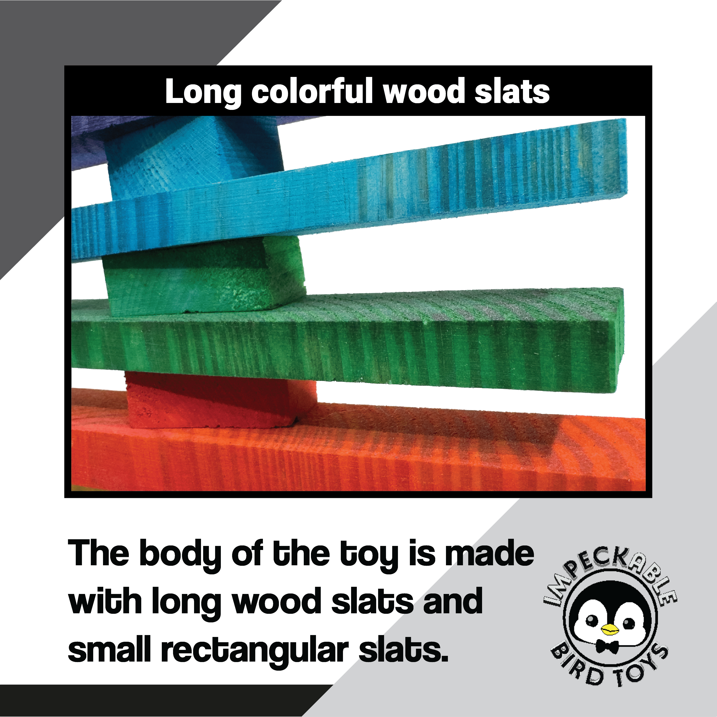 Impeckable Bird Toys 1812 Medium Rainbow Slat Climber made of colorful wood slats with bell and chain for climbing and chewing, handcrafted by us for medium to large parrots like Greys Amazons