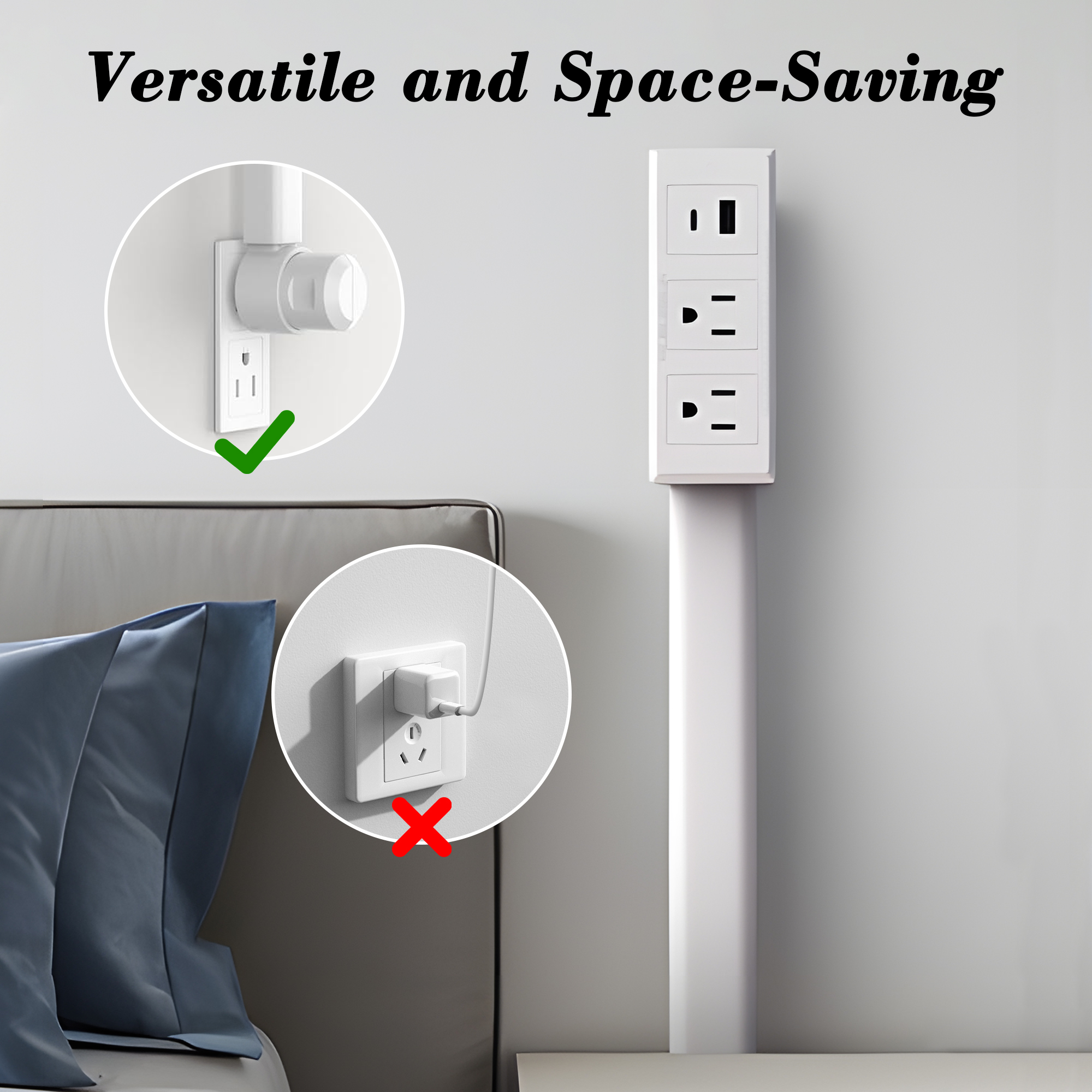 Extended and Rotating Outlet Features USB-A, USB-C, and 2 Ac Outlets, Extendable Wall Outlet Extends 22-34, 180° Swivel, Rotating Outlet for Behind Couches