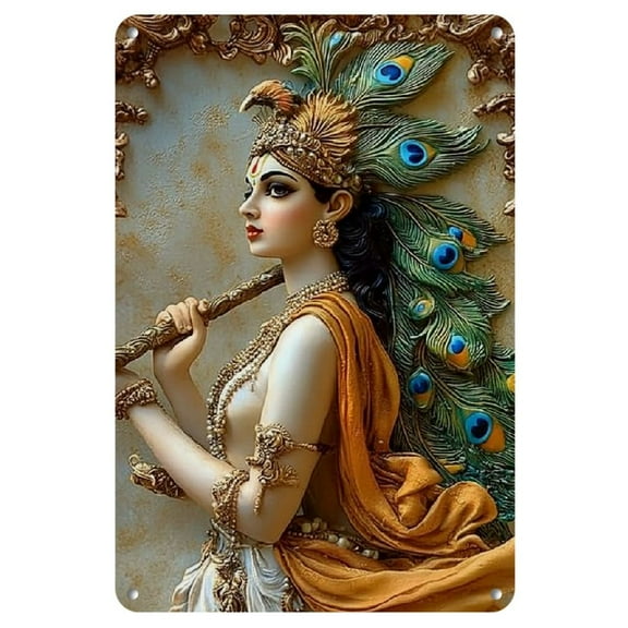 1pc Krishna Flute Playing 2D Iron Wall Art, Religious Theme Vertical Outdoor Hanging Decor, No Power Needed, with Hanging for Living Room, Home, Farm, Door, Kitchen, Dining Table Decoration