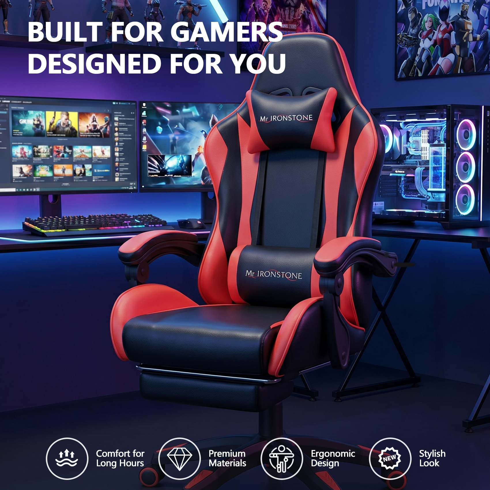 Mr IRONSTONE Ergonomic Gaming Chair with Massage, Red/Black photo 2