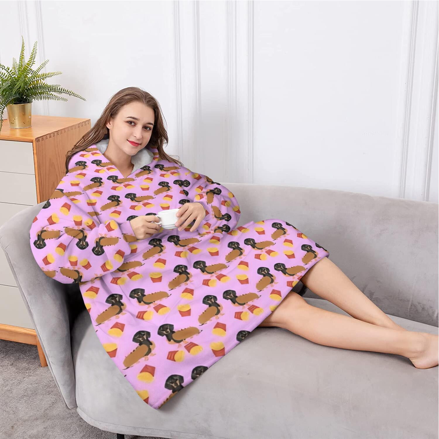 Oversized Wearable Blanket Hoodie,Pink Dachshund Chips Sherpa Blanket Hoodie with Super Pockets,Super Warm Fuzzy Pullover for Women & Men