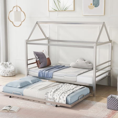 Metal Tent Bed with Roof and Twin Size Trundle Design for Toddlers  Twin Size House Beds with Fence for Kids  Metal Loft Bed Frame Bedroom Furniture for Girls Boys(Silver)