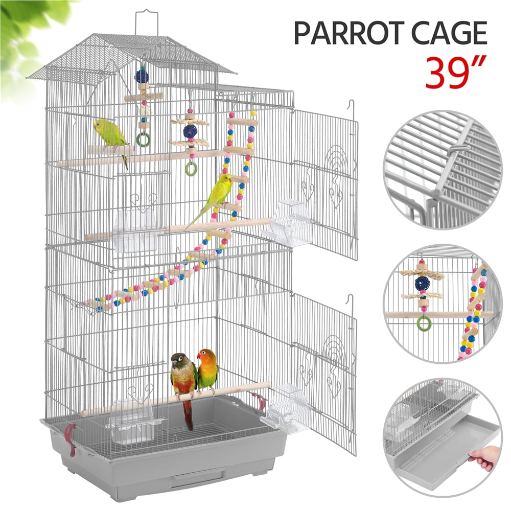 Alden Design 39"H Metal Large Roof Top Parrot Cage with Perches and Toys, Light Gray