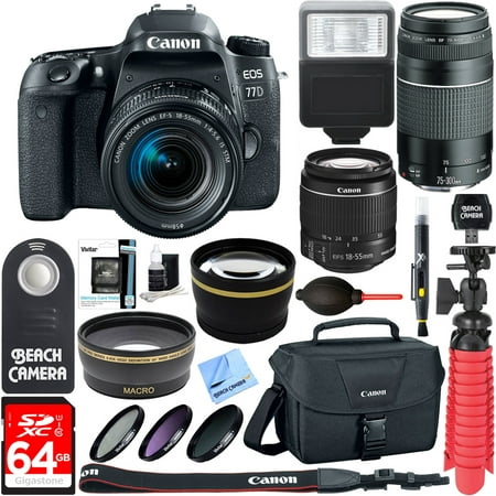 Canon EOS 77D 24.2 MP DSLR Camera + EF-S 18-55mm IS STM & 75-300mm III Lens Kit + Accessory Bundle 64GB SDXC Memory + SLR Photo Bag + Wide Angle Lens + 2x Telephoto Lens + Flash + Remote + Tripod &