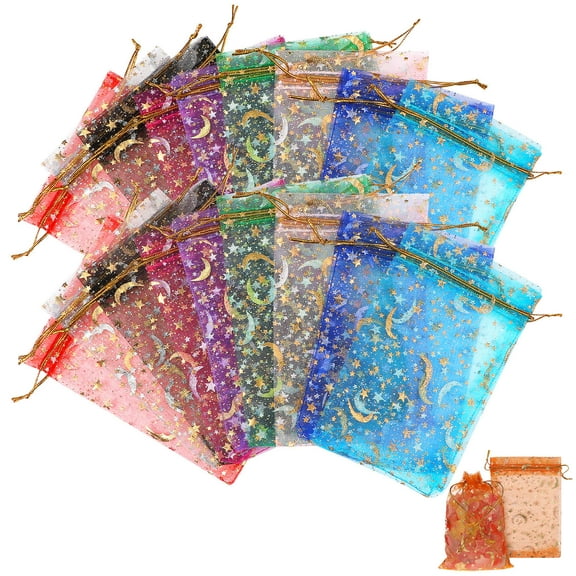 100pcs 4x6" Organza Drawstring Bags for Jewelry, Wedding Party Favors, Candy, Sachet Mesh Bags, Moon Star Random Colors